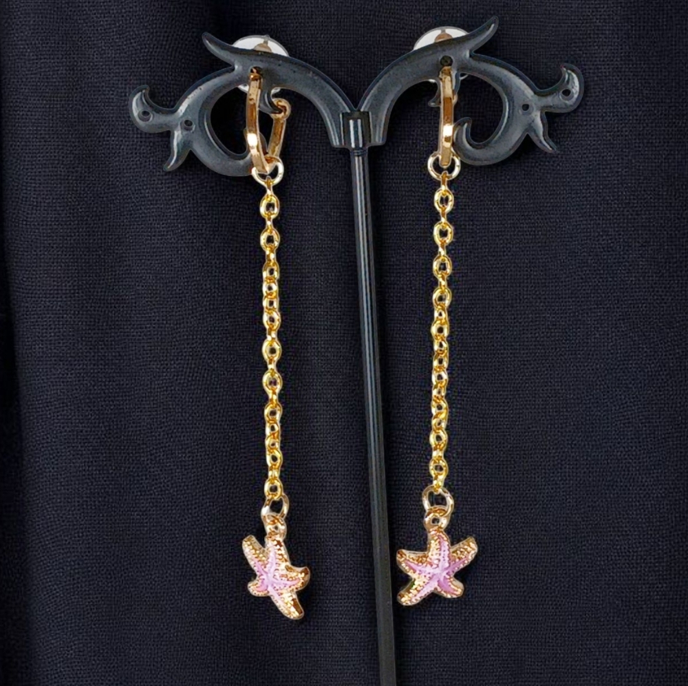 Gold Hoop Linear Drop Pink Starfish Earrings Coastal Nautical Beachy Modern Glam